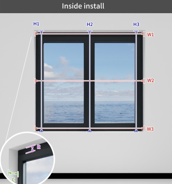 Inside mount measuring guide — width at top, middle, and bottom (W1–W3); height on left, center, and right (H1–H3); recess depth (R) and casing width (C)