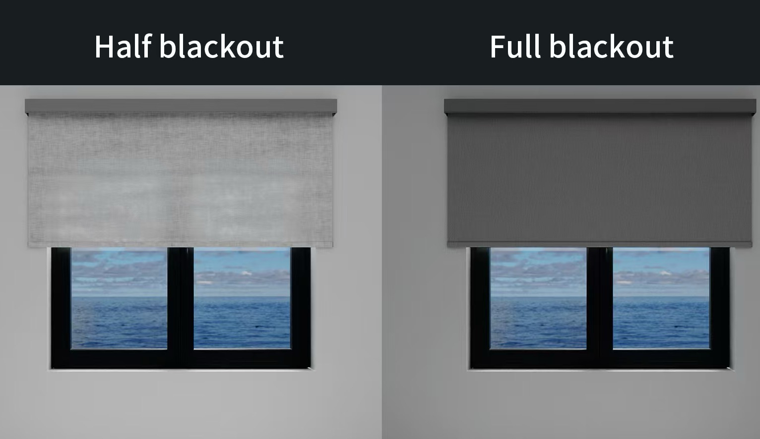 Outside mount roller shades — semi-blackout vs full blackout fabric comparison